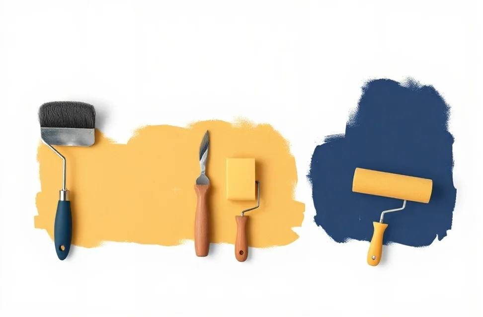 Outils de peinture disposés dans l'ordre des étapes du chantier