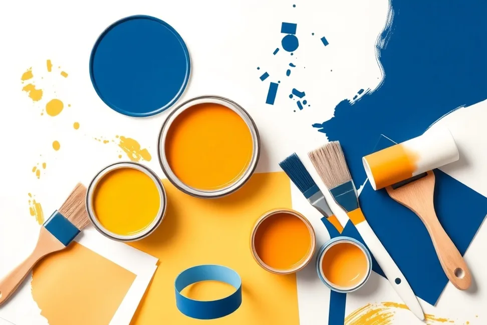 Pots de peinture, nuancier, brosses et rouleaux disposés à plat