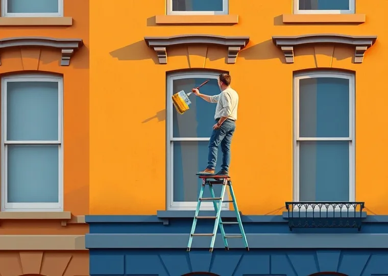 Peintre sur échafaudage traitant la façade d'une maison