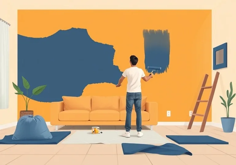 Peintre appliquant la peinture au rouleau sur un mur de salon